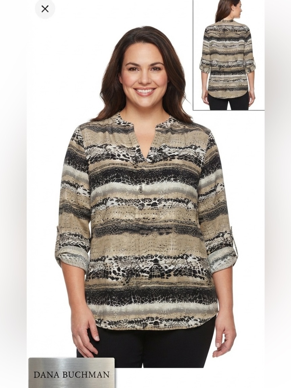 Dana Buchman Roll Tab Sleeve Animal Print Popover Blouse Medium